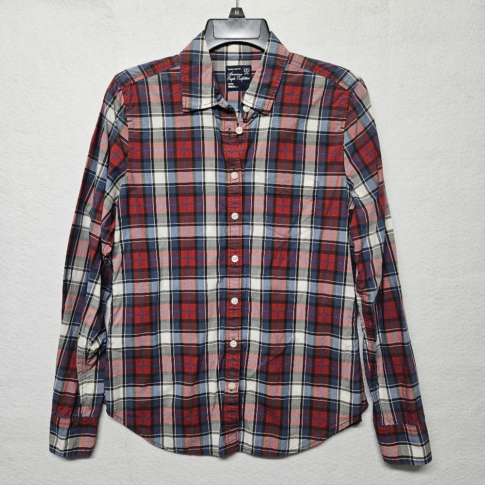 American Eagle Plaid Womens Long Sleeve Button Down Shirt Patriotic Red White